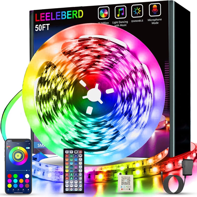 Leeleberd 50ft Led Lights for Bedroom, Bluetooth Smart APP Control RGB Color Changing Led Strip Lights with Remote Control and Power Adapter Led Lights for Room Kitchen Party Home Decoration - Image 1
